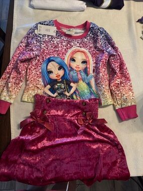 Girls Pink Character Top & Velvet Skirt Set